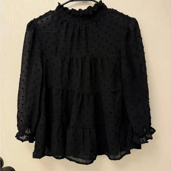 Monteau Tops - Black High Collar Blouse Sheer Sleeves Business Casual Size M Monteau